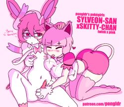 Rule 34 | 1boy, 1girl, :3, animal ears, artist name, bent over, blunt bangs, blush, bottomless, breasts, cat ears, character name, closed eyes, closed mouth, creatures (company), english text, erection, furry, game freak, gen 3 pokemon, gen 6 pokemon, glasses, gloves, hair between eyes, hand on another&#039;s head, heart, heart-shaped pupils, hetero, interspecies, jaggy lines, knee up, kneeling, large breasts, legs together, long sleeves, looking at another, looking to the side, matching hair/eyes, midriff, navel, nintendo, nipple stimulation, nipple tweak, nipples, nose blush, open clothes, open mouth, open shirt, patreon username, penis, personification, pink-framed eyewear, pink background, pink eyes, pink hair, pink shirt, pink theme, pink thighhighs, pokemon, pokemon (creature), pokephilia, pongldr, precum, puffy short sleeves, puffy sleeves, saliva, saliva trail, shirt, short hair, short shorts, short sleeves, shorts, side slit, simple background, sitting, skindentation, skitty, spread legs, sylveon, symbol-shaped pupils, tail, talking, testicle grab, testicles, thighhighs, tongue, tongue out, trap, uncensored, watermark, web address, white gloves, white shirt