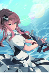 Rule 34 | 1girl, blue eyes, breast pocket, breasts, brown hair, cloud, day, dress, fingerless gloves, gloves, hair between eyes, hair ornament, highres, hira (hinakomochi), holding, kantai collection, long hair, looking at viewer, multicolored clothes, multicolored dress, ocean, outdoors, pocket, ponytail, rigging, saratoga (kancolle), saratoga mk ii (kancolle), short sleeves, single glove, sky, smile, smokestack hair ornament, solo