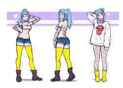Rule 34 | 1girl, ?, akairiot, ass, back, bare shoulders, blue hair, blush, boots, breasts, butt crack, choker, cleavage, contrapposto, cropped torso, cross-laced footwear, denim, denim shorts, double bun, drooling, fishnet thighhighs, fishnets, groin, hair bun, hand on own head, hand on own hip, heart, highres, iru may (akairiot), lace-up boots, long hair, looking at viewer, looking back, looking to the side, lowleg, lowleg shorts, medium breasts, midriff, multiple views, naughty face, navel, no pants, one eye closed, original, ponytail, print sweater, purple eyes, rubber boots, short hair with long locks, short shorts, shorts, shoulder blades, sigh, simple background, solo, strapless, sweater, thighhighs, tube top, upper body, yellow thighhighs