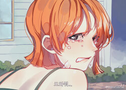 Rule 34 | ..., 1girl, artist name, bbzico1267, black eyes, commentary request, crying, crying with eyes open, korean text, nami (one piece), one piece, orange hair, outdoors, short hair, signature, solo, tears, teeth, translation request