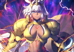 Rule 34 | 1girl, armor, azusa (hws), bikini, black bikini, blue eyes, body markings, breasts, caenis (fate), chain, cleavage, crown, dark-skinned female, dark skin, fate/grand order, fate (series), faulds, forehead protector, gold armor, hair intakes, looking at viewer, nail polish, official art, polearm, shoulder plates, solo, swimsuit, tattoo, weapon, white hair, white nails