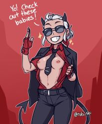 Rule 34 | 1girl, aviator sunglasses, bad id, bad twitter id, bare arms, belt, between breasts, black horns, black necktie, black pants, black tail, breasts, buttons, casual suit, collared shirt, commentary, demon girl, demon horns, english commentary, english text, facing viewer, fingerless gloves, flashing, gloves, grey hair, grin, hair slicked back, helltaker, horns, jacket, jacket on shoulders, justice (helltaker), medium breasts, navel, necktie, necktie between breasts, nipples, no bra, open clothes, pants, red shirt, rob ishi, shirt, short hair, short sleeves, smile, solo, sparkle, stomach, sunglasses, tail, tinted eyewear, unbuttoned, wing collar