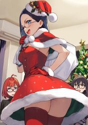 Rule 34 | 3girls, 92m, :d, absurdres, ahoge, black-framed eyewear, christmas, christmas tree, commentary request, dateko (92m), dress, glasses, gloves, hand on own hip, hat, highres, indoors, kakita (92m), kinshi no ane (92m), looking at another, looking at viewer, multiple girls, open mouth, original, red-framed eyewear, red dress, red gloves, red headwear, red thighhighs, santa hat, smile, teeth, thighhighs, thighs, upper teeth only, yellow eyes