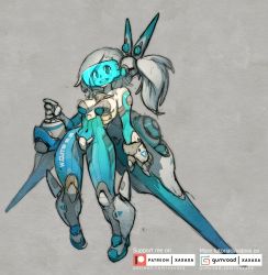 Rule 34 | 1girl, absurdres, arm cannon, armored bodysuit, blue bodysuit, blue theme, bodysuit, boobplate, breastplate, breasts, commentary, covered navel, crotch plate, english commentary, full body, gauntlets, grey hair, highres, long hair, mecha musume, medium breasts, open mouth, original, personification, science fiction, side ponytail, sketch, solo, spacecraft, starfighter, teeth, thrusters, upper teeth only, visor, weapon, wide hips, xaxaxa