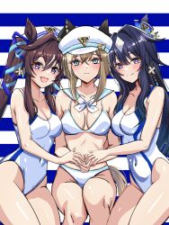 Rule 34 | :3, animal ears, bikini, black hair, blue eyes, blue hair, blue sailor collar, bob cut, breasts, bright pupils, brown hair, cheval grand (umamusume), cleavage, commentary request, competition swimsuit, covered navel, dark blue hair, ear covers, ear piercing, hat, highres, horse ears, horse girl, horse tail, inverted bob, long hair, medium breasts, one-piece swimsuit, peaked cap, piercing, sailor collar, sailor hat, short hair, single ear cover, sitting, striped, striped background, swimsuit, tail, tsukiyuki mike, twintails, umamusume, verxina (umamusume), vivlos (umamusume), white bikini, white headwear, white one-piece swimsuit