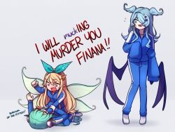 Rule 34 | 3girls, angry, blonde hair, blue jacket, blue pants, breasts, brown eyes, commentary, elira pendora, english commentary, english text, fairy, fairy wings, finana ryugu, fins, fish girl, flower, green ribbon, hair flower, hair ornament, hair over one eye, hair ribbon, head fins, head wings, jacket, lazulight, long hair, looking down, low wings, lying, medium breasts, multiple girls, nijisanji, nijisanji en, on ground, one eye covered, open mouth, pants, pomu rainpuff, punching, purple eyes, purple flower, ribbon, scared, sharp teeth, sleeves past fingers, sleeves past wrists, speckticuls, sweatdrop, teeth, track jacket, track pants, track suit, v-shaped eyebrows, virtual youtuber, wings