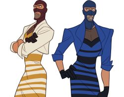 Rule 34 | 2boys, balaclava, blazer, blu spy (tf2), blue dress, blue eyes, blue gloves, blue jacket, blue mask, brown eyes, claire hummel, commentary, cropped jacket, crossdressing, crossed arms, dress, english commentary, facial hair, gloves, hand on own hip, jacket, lapels, looking at another, male focus, matching outfits, meme, meme attire, multiple boys, official art, open clothes, open jacket, pectoral cleavage, pectorals, red gloves, red mask, red spy (tf2), reverse palettes, sleeves rolled up, spy (tf2), striped clothes, striped dress, stubble, team fortress (series), team fortress 2, teeth, the dress (meme), white dress, yellow dress