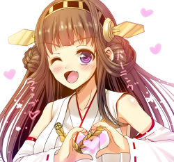 Rule 34 | 10s, 1girl, ;p, bare shoulders, blush, brown hair, detached sleeves, double bun, hand fan, hair ornament, hairband, headgear, heart, heart hands, japanese clothes, kantai collection, kongou (kancolle), long hair, nontraditional miko, one eye closed, open mouth, personification, portrait, purple eyes, smile, solo, tongue, tongue out, wink, youshuu