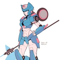Rule 34 | 1girl, 2023, absurdres, axe, azuredawn40, battle axe, blue eyes, blue panties, breasts, chromia, colored skin, curvy, hand on own hip, helmet, highres, humanoid robot, medium breasts, panties, robot, robot girl, simple background, solo, transformers, underwear, weapon, white background, white skin