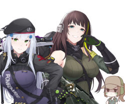 Rule 34 | assault rifle, beret, blunt bangs, breasts, brown eyes, brown hair, call of duty, call of duty: mobile, check commentary, chibi, chibi inset, closed mouth, commentary, commentary request, cosplay, dusk (call of duty: mobile), facial mark, german flag, girls&#039; frontline, gloves, goggles, goggles around neck, green eyes, green hair, grey hair, grey tank top, gun, hair ornament, hat, highres, hk416 (girls&#039; frontline), hk416 (girls&#039; frontline) (cosplay), holding, holding gun, holding weapon, jacket, kestrel (call of duty: mobile), large breasts, long hair, long sleeves, looking at viewer, m4a1 (girls&#039; frontline), m4a1 (girls&#039; frontline) (cosplay), m4a1 (mod3) (girls&#039; frontline), mask, multicolored hair, multiple girls, narchiart, open collar, particle cannon case, field cap, ponytail, rifle, simple background, skull mask, streaked hair, tank top, teardrop, teardrop facial mark, teardrop tattoo, urban tracker (call of duty: mobile), very long hair, weapon, white background