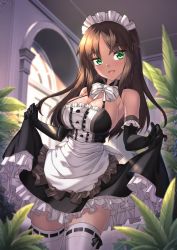 Rule 34 | 1girl, :d, alice gear aegis, alternate costume, apron, architecture, bad id, bad pixiv id, black bow, black gloves, bow, bowtie, breasts, brown hair, buttons, cleavage, clothes lift, collar, cowboy shot, dark-skinned female, dark skin, door, doorway, dress, elbow gloves, enmaided, frilled apron, frilled dress, frilled gloves, frilled skirt, frills, gloves, green eyes, highres, holding, holding clothes, holding skirt, indoors, kaneshiya sitara, large breasts, long hair, looking at viewer, maid, maid apron, maid headdress, open mouth, parted bangs, plant, shirokuma a, sideboob, skindentation, skirt, skirt lift, smile, solo, standing, thighhighs, thighs, white bow, white thighhighs
