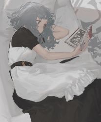Rule 34 | 1girl, absurdres, book, carpet, chair, cropped, grey eyes, grey hair, grey theme, highres, holding, holding book, indoors, k1llg, lying, maid, on side, open book, original, pillow, reading, short hair, solo