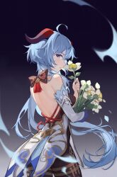 Rule 34 | 1girl, absurdres, ahoge, back, backless outfit, bare shoulders, black pantyhose, blue hair, blush, bow, cowboy shot, detached sleeves, eating flower, flower, from behind, ganyu (genshin impact), genshin impact, gold trim, highres, holding, holding flower, horns, long hair, looking at viewer, looking back, low ponytail, pantyhose, purple eyes, sidelocks, solo, standing, sweatdrop, sweet flower, thighlet, waist cape, white flower, white sleeves, zaicenshi