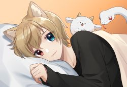 Rule 34 | 1boy, :3, animal ear fluff, animal ears, black shirt, blue eyes, brown background, brown hair, closed mouth, commission, copyright request, hair between eyes, hand up, heterochromia, highres, long sleeves, looking at viewer, male focus, pillow, red eyes, sakura chiyo (konachi000), shirt, simple background, sleeves past wrists, smile, snake, solo, under covers, virtual youtuber, white snake