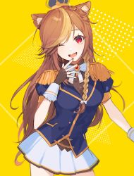 Rule 34 | 1girl, animal ear fluff, animal ears, black gloves, blue jacket, bow, bowtie, breasts, brown hair, brown shirt, collared shirt, crown, fingerless gloves, gloves, hazumi aileen, head tilt, highres, indie virtual youtuber, jacket, lion ears, lion girl, medium breasts, military, military uniform, nail polish, nima (nimamann), one eye closed, open hand, red eyes, red nails, second-party source, shirt, skirt, smile, solo, uniform, virtual youtuber, white bow, white bowtie, white skirt, yellow background
