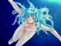 Rule 34 | 1girl, aqua hair, barefoot, blue hair, breasts, bubble, dutch angle, feet, freediving, game cg, groin, holding breath, kotori (see in ao), long hair, min-naraken, nipples, nude, nudist, outstretched arms, purple eyes, see in ao, skinny dipping, solo, spread arms, spread legs, swimming, thigh gap, thighs, underwater, water, zenra