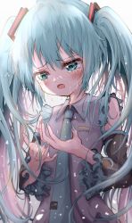 Rule 34 | 1girl, absurdres, aqua eyes, aqua hair, blue necktie, blush, collared shirt, commentary, crying, detached sleeves, hair ornament, hatsune miku, highres, kayon (touzoku), long hair, necktie, open mouth, shirt, sleeveless, solo, tears, twintails, very long hair, vocaloid, white background