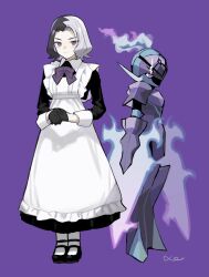 Rule 34 | 1boy, alternate costume, amethio (pokemon), apron, black dress, black footwear, black gloves, bow, bowtie, ceruledge, closed mouth, commentary request, creatures (company), crossdressing, dress, enmaided, game freak, gloves, highres, looking at viewer, maid, male focus, multicolored hair, nintendo, own hands together, pantyhose, pokemon, pokemon (anime), pokemon (creature), pokemon horizons, purple background, purple bow, purple bowtie, purple eyes, sameniku umai, shoes, short hair, simple background, white apron, white pantyhose