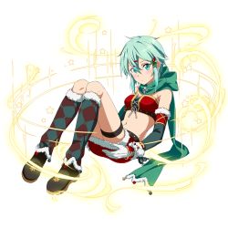 Rule 34 | 1girl, aqua eyes, aqua hair, blush, boots, breasts, detached sleeves, full body, gloves, green scarf, hair between eyes, hair ornament, knee boots, looking at viewer, midriff, miniskirt, navel, red skirt, scarf, short hair, sidelocks, sinon, sitting, skirt, small breasts, solo, stomach, sword art online, thigh strap, transparent background, white gloves