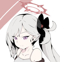 Rule 34 | 1girl, bare shoulders, black flower, blue archive, brown background, camisole, closed mouth, commentary request, flower, grey camisole, grey hair, hair flower, hair ornament, halo, long hair, looking at viewer, mutsuki (blue archive), nyaru (nyaru 4126), purple eyes, side ponytail, smile, solo, two-tone background, upper body, white background