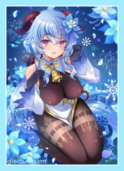 Rule 34 | 1girl, :d, ahoge, bare shoulders, bell, black gloves, blue flower, blue hair, blush, bodysuit, breasts, brown bodysuit, commentary request, detached sleeves, flower, ganyu (genshin impact), genshin impact, gloves, hair between eyes, hair flower, hair ornament, hands up, highres, horns, ichiyou moka, long sleeves, looking at viewer, medium breasts, open mouth, petals, purple eyes, sitting, smile, snowflakes, solo, wariza, white sleeves, wide sleeves