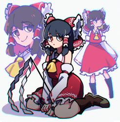 Rule 34 | 1girl, ascot, black hair, boots, bow, collared shirt, detached sleeves, expressionless, frilled bow, frilled hair tubes, frilled skirt, frills, gohei, green eyes, hair between eyes, hair bow, hair tubes, hakurei reimu, highres, iganashi1, japanese clothes, looking at viewer, looking away, medium hair, miko, on floor, portrait, red shirt, red skirt, ribbon-trimmed sleeves, ribbon trim, seiza, shirt, short hair, sidelocks, sitting, skirt, skirt set, sleeveless, sleeveless shirt, smile, solo, standing, touhou, variations, yellow ascot