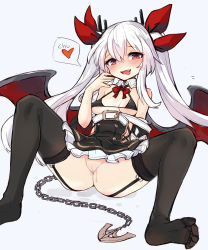 Rule 34 | 1girl, :p, anchor, azur lane, belt, black thighhighs, blush, bra, breasts, censored, chain, garter belt, hair ornament, hair ribbon, heart, highres, long hair, looking at viewer, mosaic censoring, mou tama maru, naughty face, pussy, pussy juice, red eyes, ribbon, simple background, small breasts, solo, spoken heart, spread legs, thighhighs, tongue, tongue out, twintails, underwear, vampire (azur lane), wings