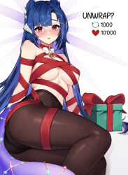 Rule 34 | 1girl, ?, absurdres, bell, blue hair, blush, breasts, christmas, christmas lights, commentary request, dragon girl, dragon horns, dragon tail, english text, gift, heart, highres, horns, indie virtual youtuber, long hair, looking at viewer, medium breasts, multiple horns, neck bell, panties, pantyhose, red eyes, rer goku, ribbon, second-party source, solo, tail, underwear, vienna (vtuber), virtual youtuber