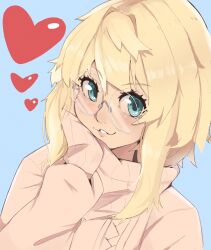 Rule 34 | 1boy, absurdres, blonde hair, blue background, blue eyes, blush, bridget (guilty gear), brown sweater, glasses, grin, guilty gear, guilty gear strive, heart, highres, long hair, long sleeves, looking at viewer, maishtar colo, male focus, parted lips, round eyewear, simple background, smile, solo, sweater, teeth, trap, turtleneck, turtleneck sweater, upper body, white-framed eyewear
