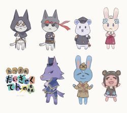 Rule 34 | 2girls, 5boys, :&lt;, :3, ace attorney, animal crossing, animal ears, animal nose, arm behind back, armband, arms up, artist name, ascot, barok van zieks, belt, black eyes, black fur, black hair, black headband, black headwear, black jacket, blank eyes, blue capelet, blue eyes, blue flower, blue fur, blue hair, blue jacket, blue shirt, blush stickers, body fur, bottomless, brown capelet, brown coat, brown dress, brown headwear, buttons, capelet, cat boy, cat ears, chibi, closed eyes, closed mouth, coat, crossed arms, dated, deerstalker, dress, eyewear on headwear, flat chest, floral print, flower, full body, furrification, furry, godzillapigeon1, goggles, grey fur, hair flower, hair ornament, hair tie, hakama, hakama skirt, half-closed eyes, hamster boy, hamster ears, hand up, hands up, happy, hat, headband, heart, herlock sholmes, highres, hood, hood up, iris wilson, jacket, japanese clothes, japanese text, katana, kazuma asogi, kimono, light blush, logo parody, long sleeves, looking at viewer, masked apprentice (ace attorney), multiple boys, multiple girls, nintendo, open mouth, outstretched arms, parody, peaked cap, pink fur, pink kimono, pocket, purple eyes, purple fur, rabbit boy, rabbit ears, rabbit girl, red hakama, red headband, ryunosuke naruhodo, scar, scar on face, school uniform, sheath, sheathed, shirt, short hair, signature, simple background, skirt, sleeveless, sleeveless dress, smile, snout, standing, straight-on, style parody, susato mikotoba, sword, tail, the great ace attorney, the great ace attorney: adventures, the great ace attorney 2: resolve, top hat, topknot, translation request, two-tone fur, weapon, white ascot, white background, white shirt, wolf boy, wolf ears, wolf tail