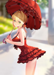 Rule 34 | 1girl, ahoge, bad id, bad pixiv id, bare shoulders, blonde hair, blush, braid, breasts, cleavage, collarbone, commentary, dress, fate/grand order, fate (series), french braid, green eyes, hair bun, hair intakes, large breasts, long hair, looking at viewer, nero claudius (fate), nero claudius (fate) (all), nero claudius (fate/extra), nero claudius (swimsuit caster) (fate), official alternate costume, red dress, sansan (dongfangzhong111), single hair bun, smile, solo