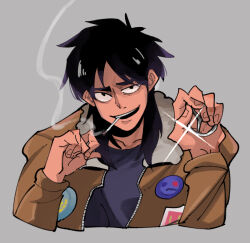 Rule 34 | 1boy, black eyes, black hair, black shirt, bomber jacket, cigarette, commentary request, fingernails, grey background, holding, hood ornament, inudori, itou kaiji, jacket, kaiji, long hair, long sleeves, looking at viewer, male focus, medium bangs, mercedes-benz, open clothes, open jacket, open mouth, shirt, simple background, smile, smoking, solo, teeth, upper body, upper teeth only