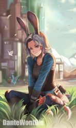 Rule 34 | 1girl, animal, animal ears, artist name, belt, between legs, black gloves, blurry, boots, brown footwear, bug, building, rabbit ears, butterfly, city, closed mouth, collarbone, dantewontdie, denim, depth of field, disney, elbow gloves, field, gloves, grass, hand between legs, head tilt, indian style, bug, jeans, judy hopps, knee boots, lips, long sleeves, mountain, nature, outdoors, pants, personification, petals, pocket, short hair, silver hair, sitting, solo, spread legs, sunlight, tower, tsurime, v arms, wings, zootopia