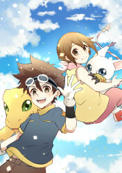 agumon animal_ears cat cat_ears digimon digimon_(creature) gloves holy_ring tail tailmon yagami_hikari yagami_taichi