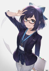 Rule 34 | 1girl, a-chan (hololive), arm up, arms behind back, black-framed eyewear, blazer, blue bow, blue eyes, blue hair, blue jacket, blue shirt, bow, breasts, closed mouth, collarbone, commentary, copyright name, cowboy shot, folder, glasses, gradient background, grey background, hair bow, highres, holding, holding folder, hololive, id card, jacket, jun wei, lanyard, long sleeves, looking at viewer, official alternate costume, open clothes, open jacket, pants, paper, parted bangs, shirt, short hair, signature, simple background, small breasts, smile, solo, striped clothes, striped shirt, unbuttoned, v, vertical-striped clothes, vertical-striped shirt, virtual youtuber, white pants