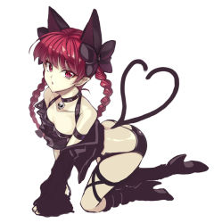 Rule 34 | 1girl, :o, all fours, alternate costume, animal ears, bare shoulders, boots, bow, braid, breasts, cat ears, cat tail, choker, extra ears, full body, hair bow, high heel boots, high heels, jacket, kaenbyou rin, lingerie, long hair, looking at viewer, multiple tails, off shoulder, pointy ears, red eyes, red hair, simple background, sketch, skull, small breasts, solo, tail, touhou, touya (the-moon), twin braids, underwear, white background