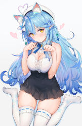 Rule 34 | 1girl, :d, ahoge, animal ears, black skirt, blue hair, blush, braid, breasts, cat ears, cleavage, closed mouth, fang, flower, grey background, hair flower, hair ornament, half updo, haoni, hat, head tilt, heart, heart ahoge, highres, hololive, kemonomimi mode, large breasts, long hair, looking at viewer, open mouth, paw pose, pointy ears, ribbon-trimmed legwear, ribbon trim, side braid, sidelocks, simple background, sitting, skirt, smile, solo, thighhighs, underbust, virtual youtuber, wariza, white thighhighs, yellow eyes, yukihana lamy