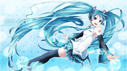 Rule 34 | 1girl, aqua eyes, aqua hair, boots, character name, detached sleeves, hatsune miku, headset, long hair, musical note, necktie, open mouth, skirt, solo, thigh boots, thighhighs, tsujiori, twintails, very long hair, vocaloid