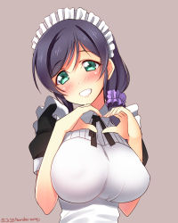 Rule 34 | 10s, 1girl, apron, blush, breasts, green eyes, grin, heart, heart hands, highres, huge breasts, long hair, looking at viewer, love live!, love live! school idol festival, love live! school idol project, maid apron, maid headdress, no bra, purple hair, signature, smile, solo, song name, tojo nozomi, twintails, yu-ta