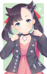 Rule 34 | 1girl, asymmetrical bangs, black choker, black hair, black jacket, blush, breasts, caramel (caramelmilk), choker, cleavage, closed mouth, collarbone, commentary request, creatures (company), dress, earrings, game freak, green background, green eyes, hair ribbon, head tilt, highres, jacket, jewelry, long sleeves, marnie (pokemon), nintendo, open clothes, open jacket, pink dress, pokemon, pokemon swsh, red ribbon, ribbon, small breasts, smile, solo, sparkle, stud earrings, twintails, twintails day, two-tone background, upper body, white background