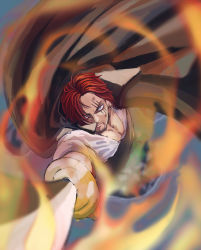 Rule 34 | 1boy, artist request, attack, aura, black cape, cape, derivative work, facial hair, glowing, glowing eyes, highres, holding, holding sword, holding weapon, injury, looking at viewer, muscular, one piece, one piece film: red, pectorals, red hair, scar, scar across eye, scar on face, screenshot redraw, serious, shanks (one piece), shirt, short hair, simple background, solo, sword, weapon, white shirt