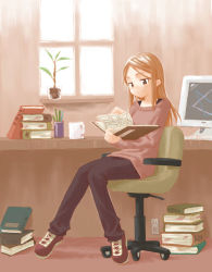 Rule 34 | 1girl, book, book stack, chair, computer, cup, electrical outlet, keyboard (computer), mug, office chair, open book, original, pants, plant, reading, shoes, sitting, sneakers, solo, sweater, swivel chair, table, window