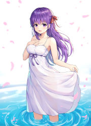 Rule 34 | 1girl, :d, absurdres, bare arms, bare shoulders, breasts, cleavage, collarbone, commentary request, dress, fate/stay night, fate (series), hair between eyes, hair ribbon, hand on own chest, highres, hokori sakuni, long hair, looking at viewer, matou sakura, medium breasts, official alternate costume, open mouth, petals, purple eyes, purple hair, purple ribbon, red ribbon, ribbon, ripples, see-through, skirt hold, sleeveless, sleeveless dress, smile, solo, standing, wading, water, white background, white dress