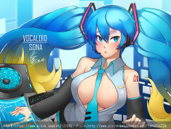 Rule 34 | 1girl, bare shoulders, blonde hair, blue eyes, blue hair, blush, breasts, center opening, cleavage, cosplay, detached sleeves, female focus, gradient hair, hatsune miku, hatsune miku (cosplay), headphones, headset, k jin, large breasts, league of legends, long hair, looking at viewer, matching hair/eyes, multicolored hair, necktie, open mouth, skirt, solo, sona (league of legends), twintails, very long hair, vocaloid