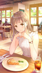 Rule 34 | 1girl, apple pie, bare arms, blouse, blush, brown eyes, brown hair, cafe, cup, drinking glass, earrings, elbows on table, food, frilled sleeves, frills, head rest, highres, ice cream, indoors, jewelry, long hair, looking at viewer, original, own hands together, pechi (peeechika), pie, restaurant, shirt, sitting, sleeveless, sleeveless sweater, solo focus, sweater, sweets, watch, white shirt, wristwatch
