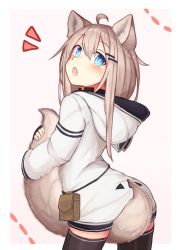 Rule 34 | animal ear fluff, animal ears, between legs, black thighhighs, blue eyes, commentary request, fang, hair ornament, hairclip, highres, holding, holding with tail, hood, hood down, hoodie, light brown hair, long hair, long sleeves, looking at viewer, looking back, naked hoodie, open mouth, original, pouch, prehensile tail, reitou mikan, solo, tail, tail between legs, thighhighs