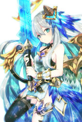 Rule 34 | 1girl, bare shoulders, black thighhighs, blue eyes, blue hair, breasts, character request, closed mouth, commentary request, cryptract, dress, feathered wings, green wings, grey hair, hair between eyes, hair ornament, halo, highres, holding, holding sword, holding weapon, kikka (kicca choco), long hair, looking at viewer, medium breasts, multicolored hair, single thighhigh, solo, sword, thighhighs, two-tone hair, very long hair, weapon, white background, white dress, wings, wrist cuffs