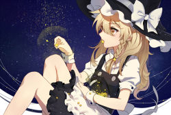 Rule 34 | apron, black dress, blonde hair, braid, commentary request, dress, frilled apron, frills, hair between eyes, hat, highres, hujitaumi, jar, kirisame marisa, long hair, mouth hold, puffy short sleeves, puffy sleeves, short sleeves, single braid, sitting, sky, solo, star (sky), star (symbol), starry sky, touhou, waist apron, white apron, witch hat, wrist cuffs, yellow eyes