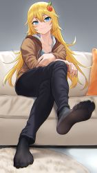 Rule 34 | 1girl, black footwear, black pants, blonde hair, blush, brown jacket, collarbone, commentary request, commission, couch, crossed legs, cushion, deca purio, drawstring, feet, flower, foreshortening, full body, hair between eyes, hair flower, hair ornament, highres, indoors, jacket, long hair, long sleeves, looking at viewer, no shoes, on couch, original, pants, pantyhose, pantyhose under trousers, rug, sitting, skeb commission, soles, solo, very long hair