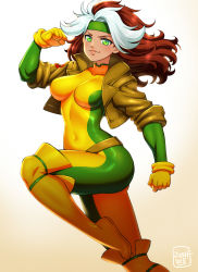 Rule 34 | 10s, 1girl, 2018, belt, blush, bodysuit, boots, brown belt, brown jacket, dated, flying, gloves, gradient background, green bodysuit, green eyes, headband, highres, jacket, long hair, looking at viewer, marvel, multicolored hair, open clothes, open jacket, red hair, rogue (x-men), short sleeves, smile, superhero costume, two-tone background, two-tone hair, white background, white hair, x-men, yellow background, yellow bodysuit, yellow footwear, yellow gloves, zeshgolden